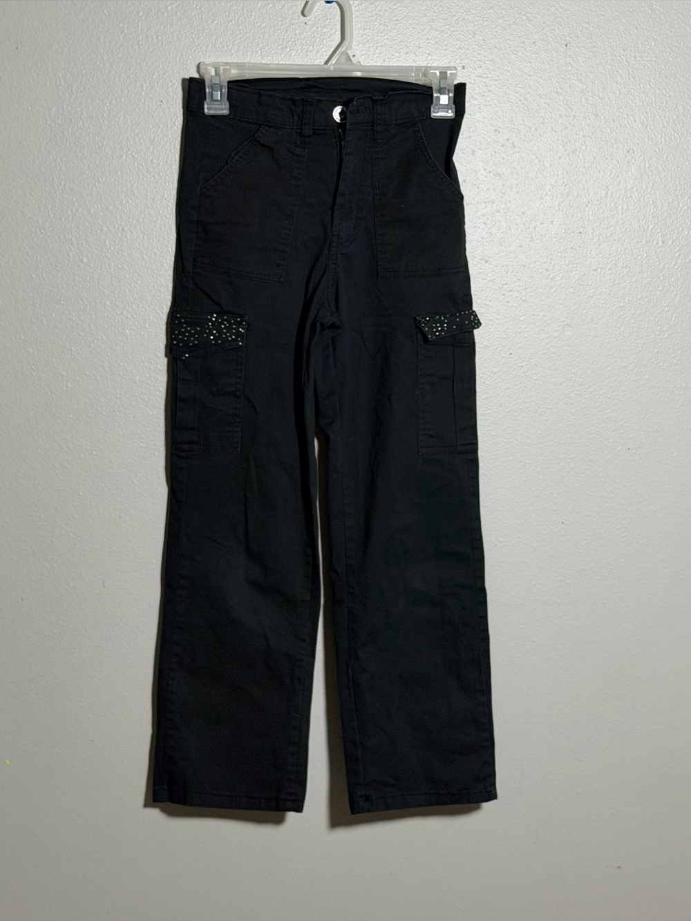 Pink Velvet Kids Girl Black Cargo Pants  Streetwear Studded Flap‎ Baggy size 12